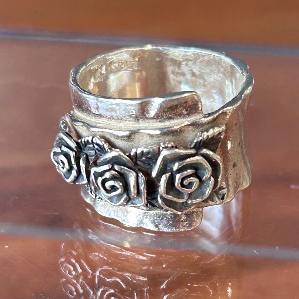 PZ Israel Sterling Silver 925 Hammered Rose Flower Wide Band Ring Size 5.25